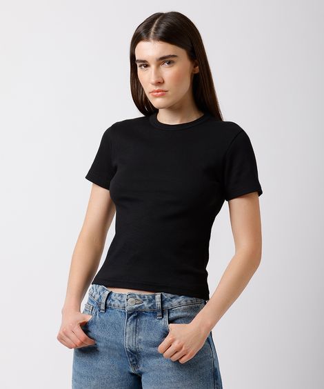 camiseta baby tee feminina de algodão peruano canelada mindset preta