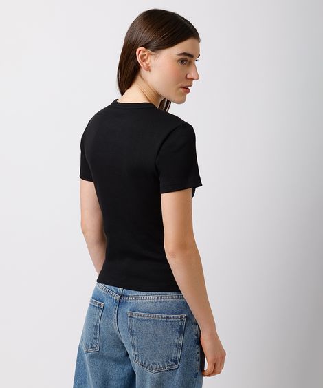 camiseta baby tee feminina de algodão peruano canelada mindset preta