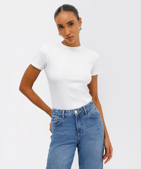 camiseta baby tee feminina de algodão peruano canelada mindset branca