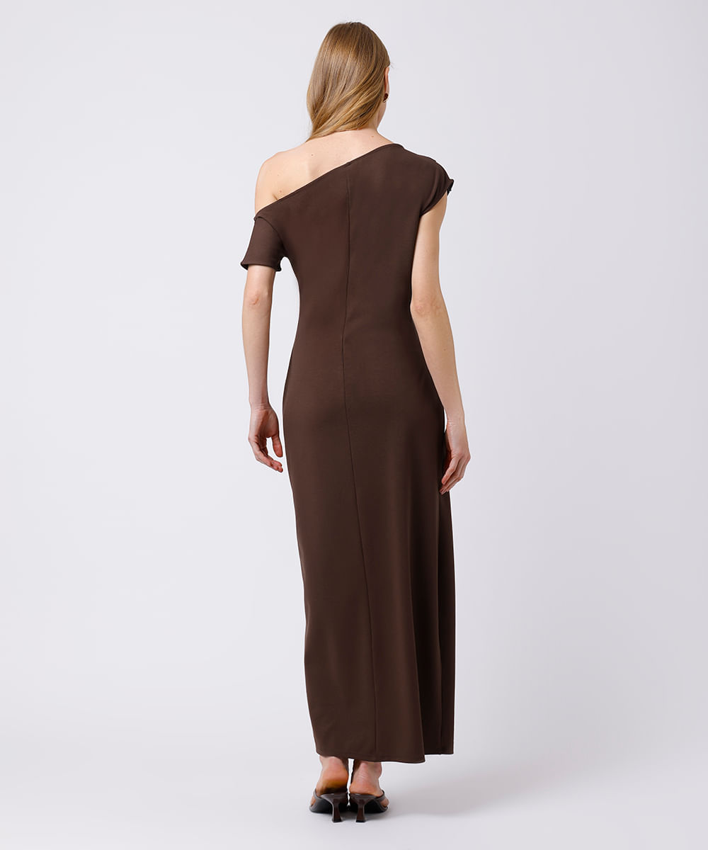 vestido midi feminino assimétrico com pregas mindset marrom