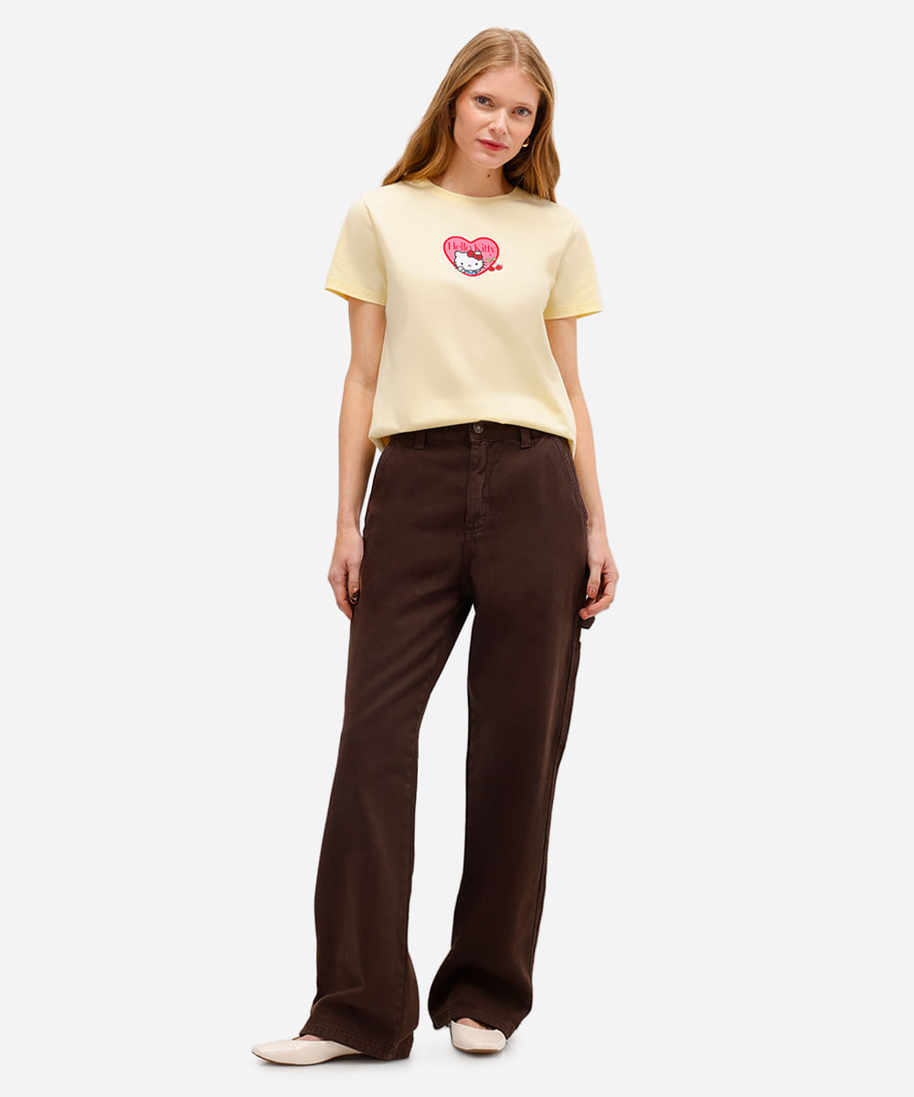 camiseta feminina de algodão hello kitty amarela