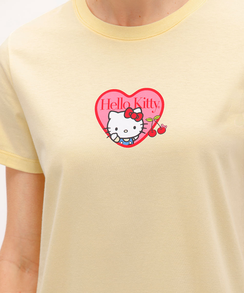 camiseta feminina de algodão hello kitty amarela