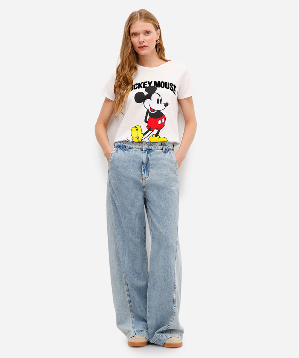 camiseta feminina de algodão mickey texturizada off white