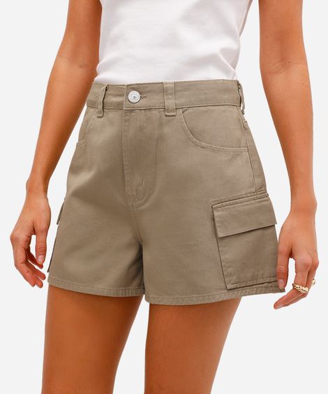 short cargo feminino de sarja cintura alta bege