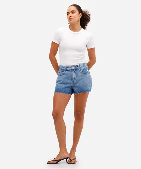 short feminino jeans cintura média barra a fio azul