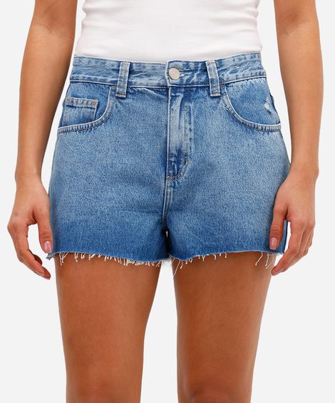 short feminino jeans cintura média barra a fio azul
