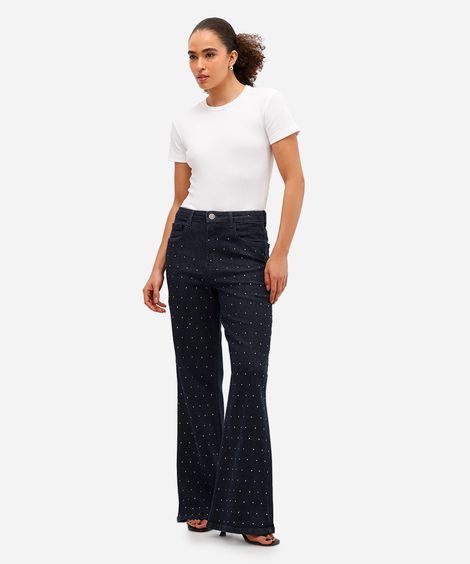 calça wide leg feminina jeans com tachas azul