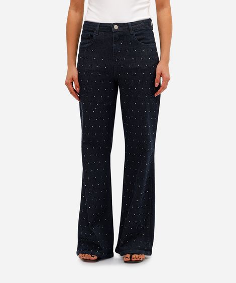 calça wide leg feminina jeans com tachas azul