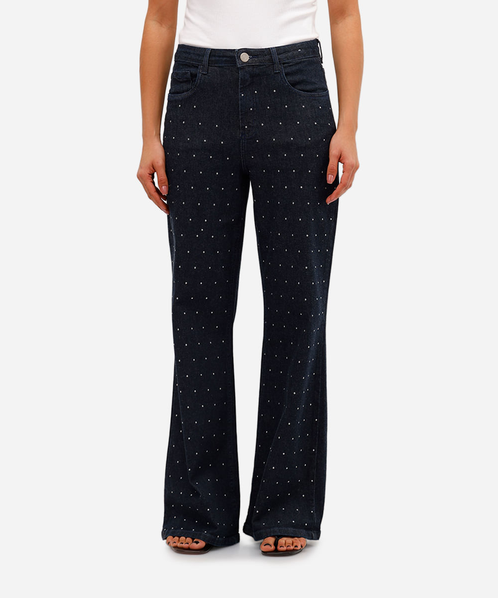 calça wide leg feminina jeans com tachas azul