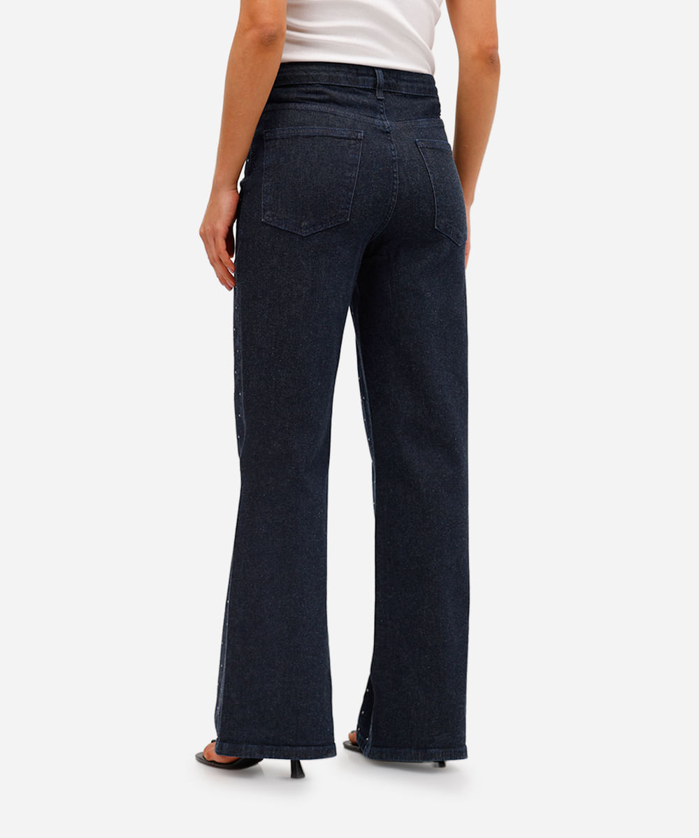 calça wide leg feminina jeans com tachas azul