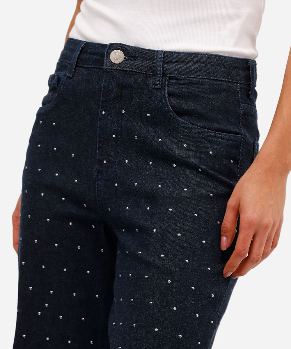 calça wide leg feminina jeans com tachas azul