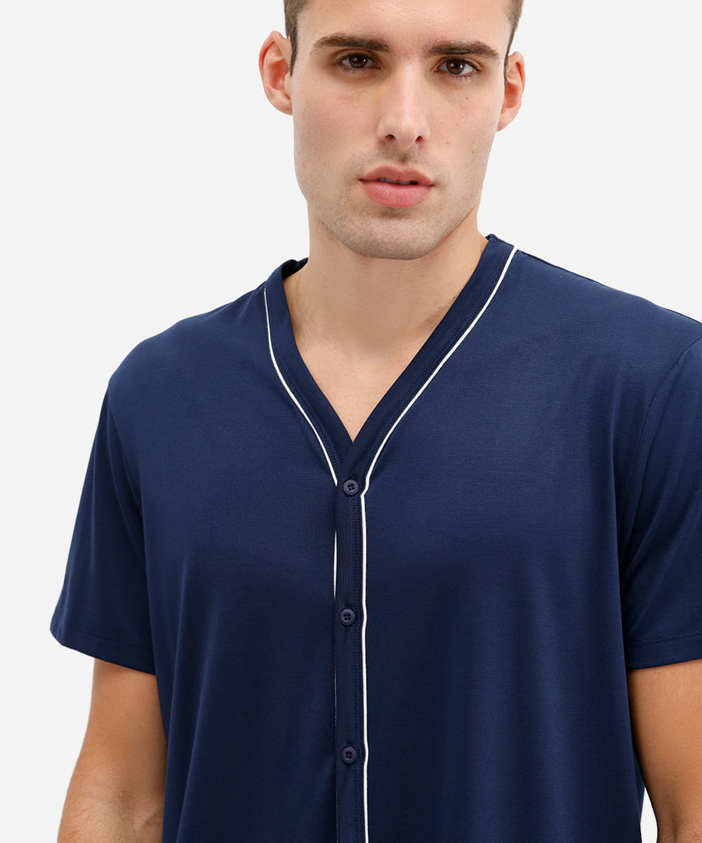 pijama curto masculino com nervuras azul