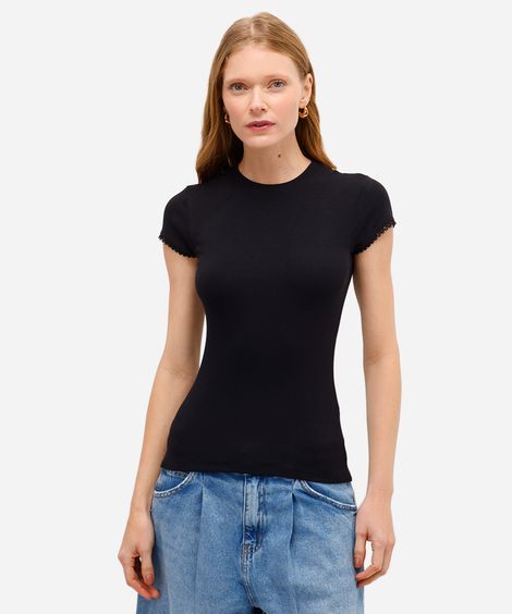 blusa feminina de viscose canelada com renda preta
