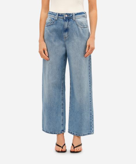 calça wide leg cropped feminina jeans cintura alta azul