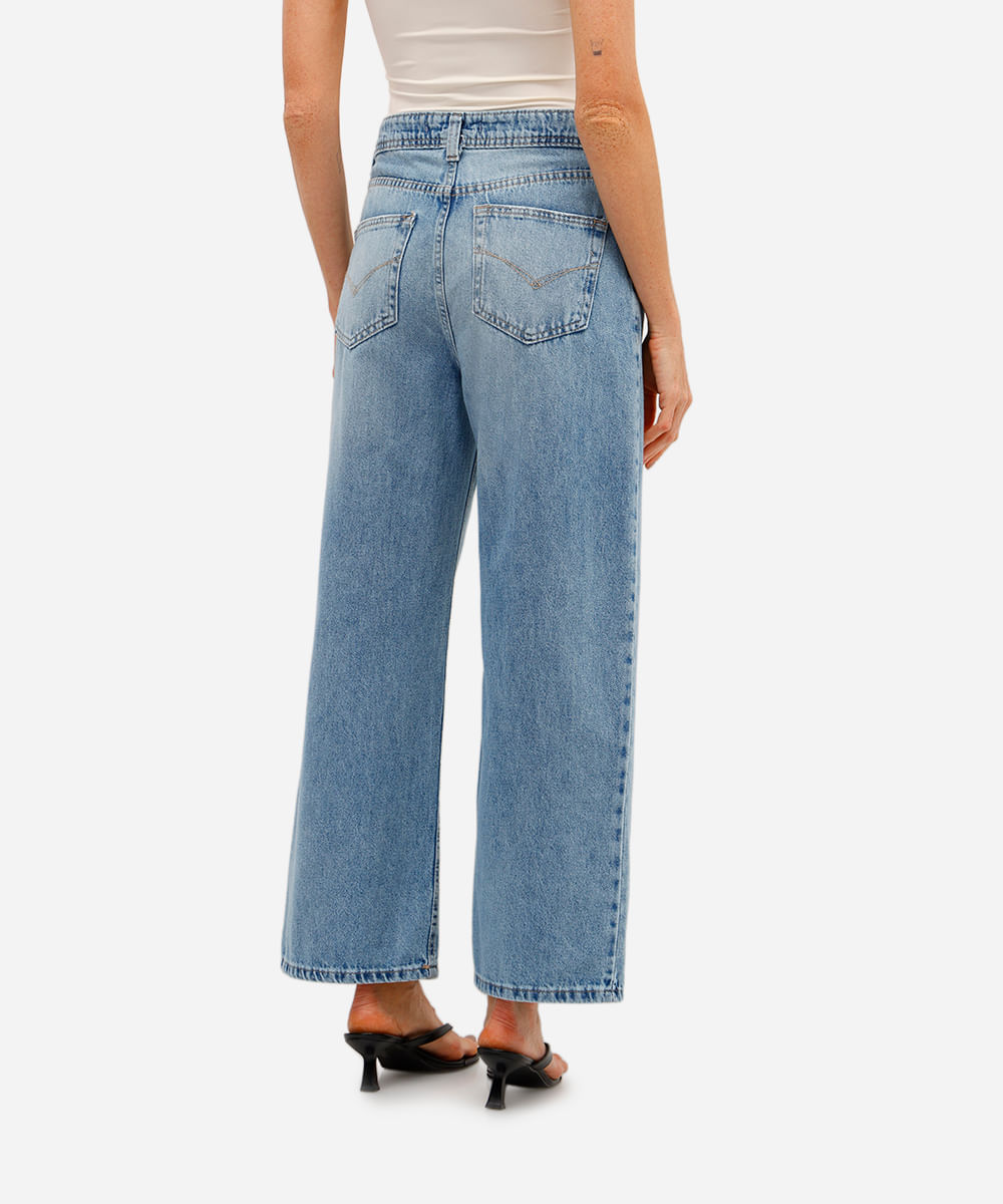 calça wide leg cropped feminina jeans cintura alta azul