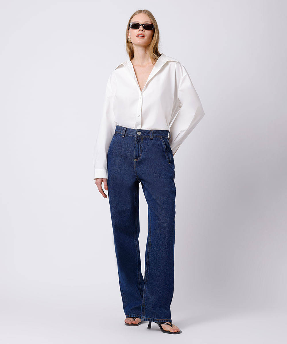 calça wide leg feminina jeans cintura alta mindset  azul