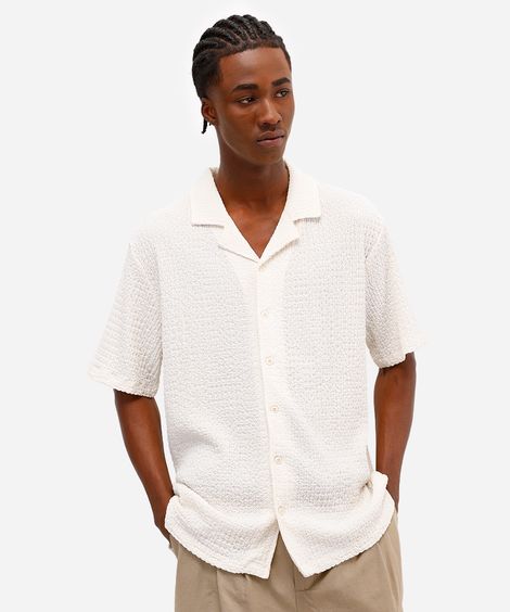 camisa masculina manga curta texturizada - off white