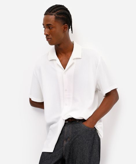 camisa manga curta texturizada e listrada - branco