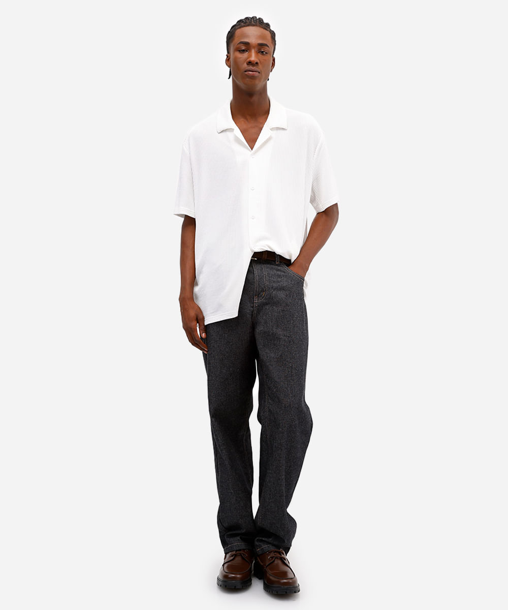 camisa manga curta texturizada e listrada - branco
