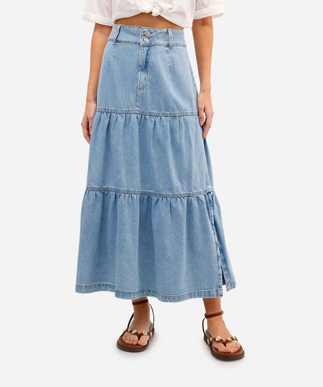 saia midi feminina jeans com recortes - jeans claro