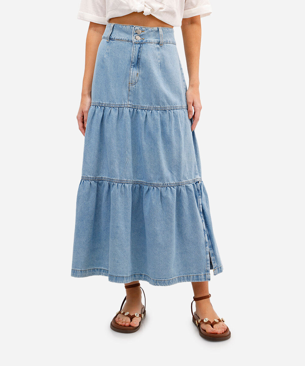 saia midi feminina jeans com recortes - jeans claro