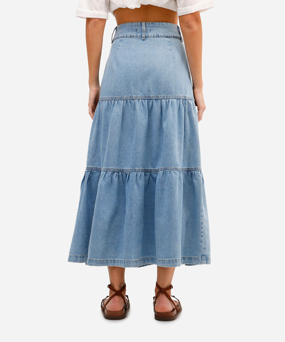 saia midi feminina jeans com recortes - jeans claro