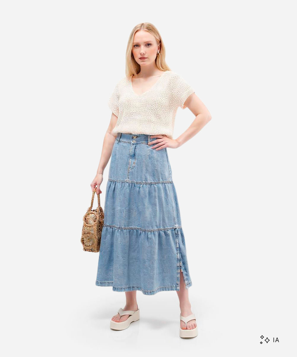 saia midi feminina jeans com recortes - jeans claro