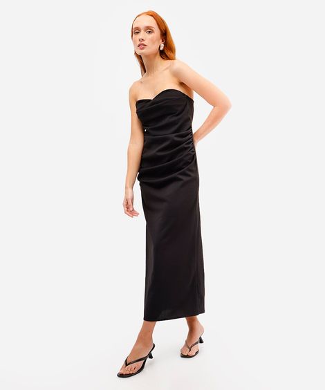 vestido midi feminino sem alça franzido - preto