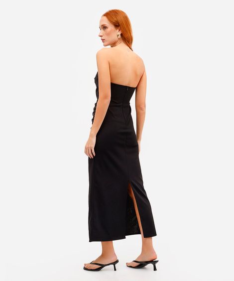 vestido midi feminino sem alça franzido - preto