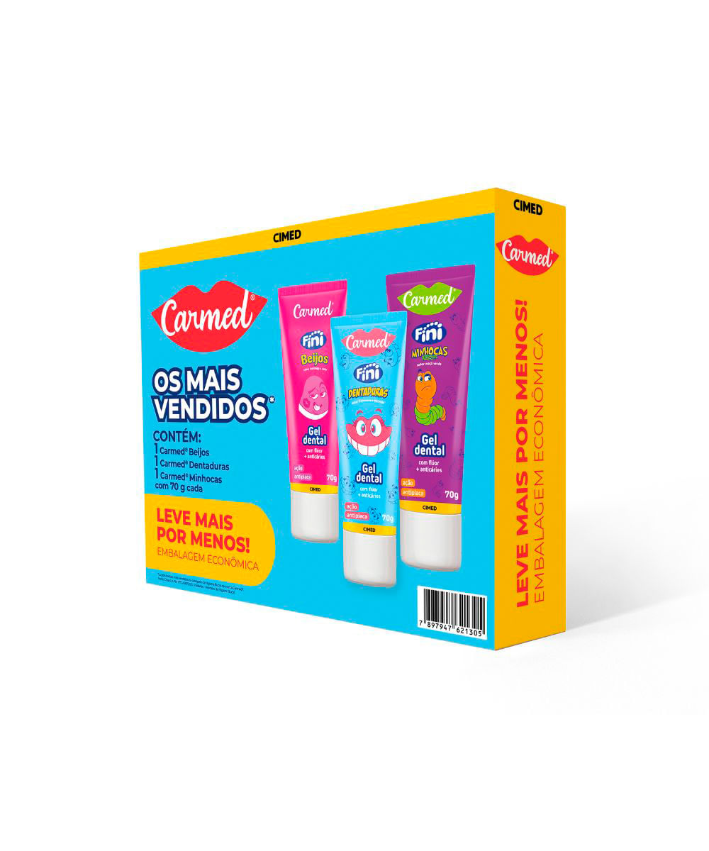 kit infantil de pasta de dente carmed com flúor fini 3 bisnagas 70g