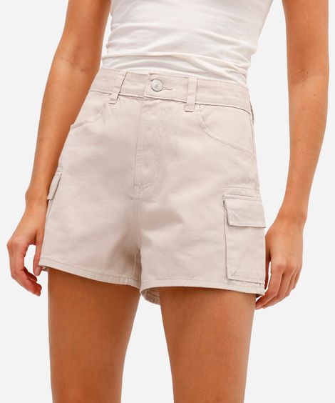 short cargo feminino de sarja cintura alta bege