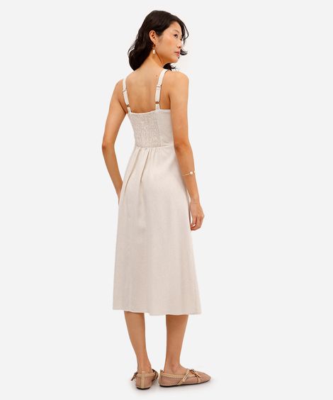 vestido midi feminino com linho decote quadrado bege