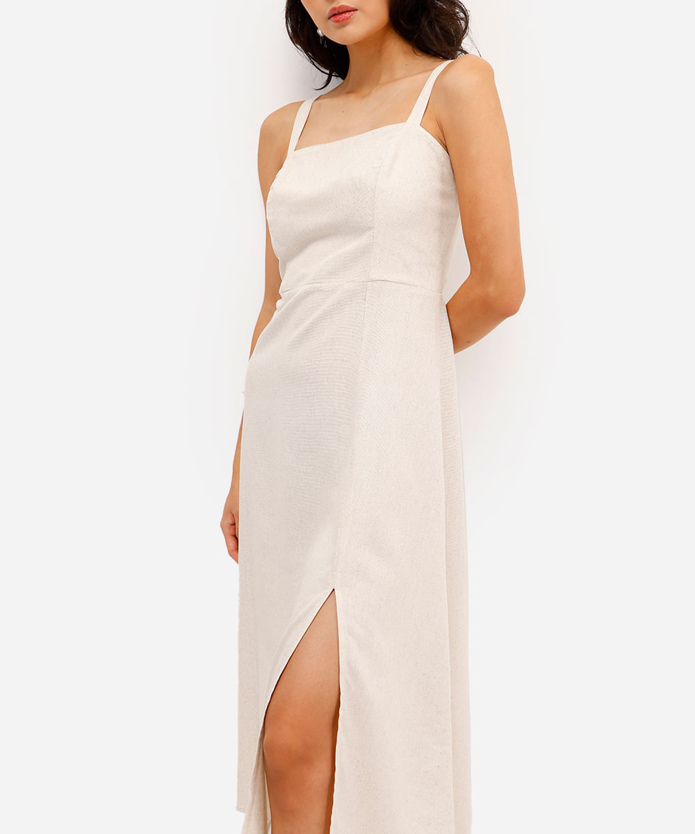vestido midi feminino com linho decote quadrado bege