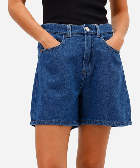 short evasê feminino jeans cintura alta azul