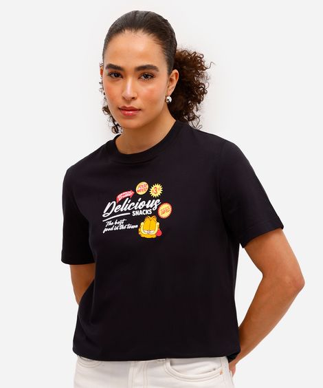 camiseta feminina de algodão garfield preta