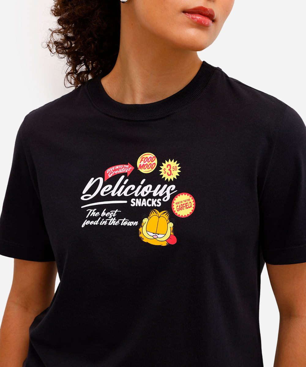 camiseta feminina de algodão garfield preta