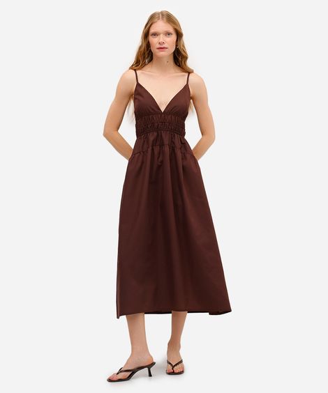 vestido midi feminino alça fina franzido marrom