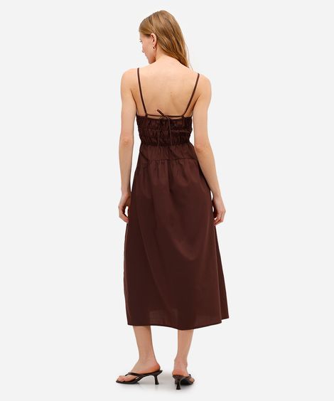 vestido midi feminino alça fina franzido marrom