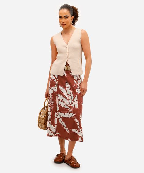 saia midi com linho folhagens com cinto  vermelha