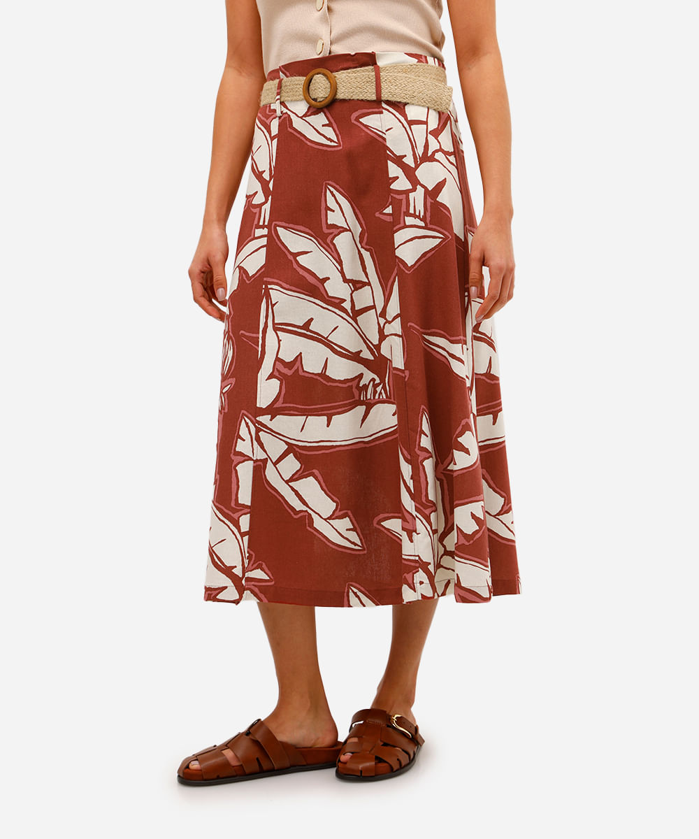 saia midi com linho folhagens com cinto  vermelha