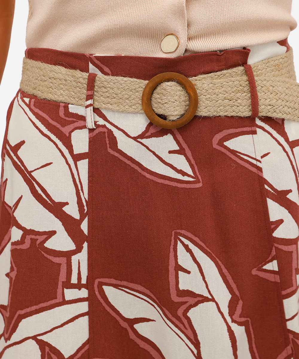 saia midi com linho folhagens com cinto  vermelha