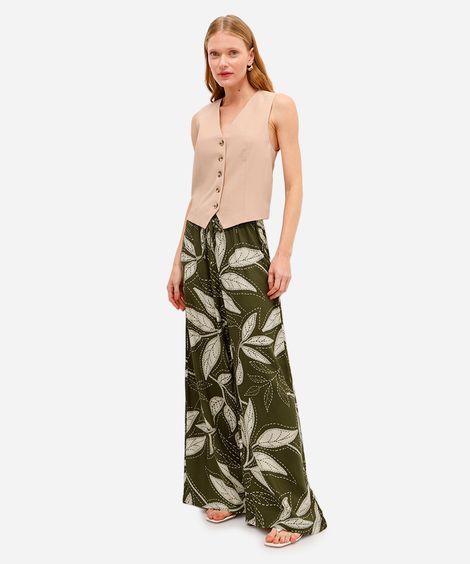 calça wide leg feminina de viscose folhagens bege