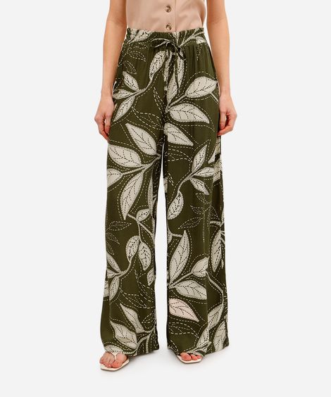 calça wide leg feminina de viscose folhagens bege