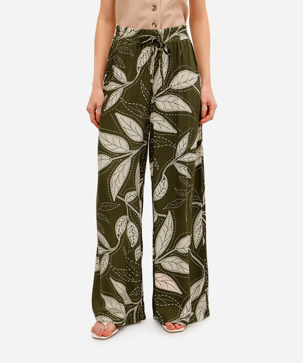calça wide leg feminina de viscose folhagens bege
