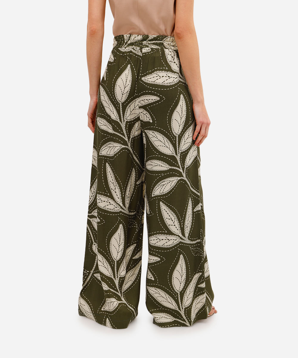 calça wide leg feminina de viscose folhagens bege