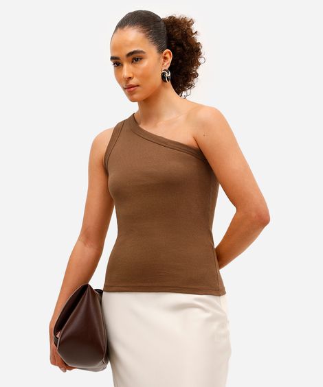 blusa ombro único feminina canelada marrom