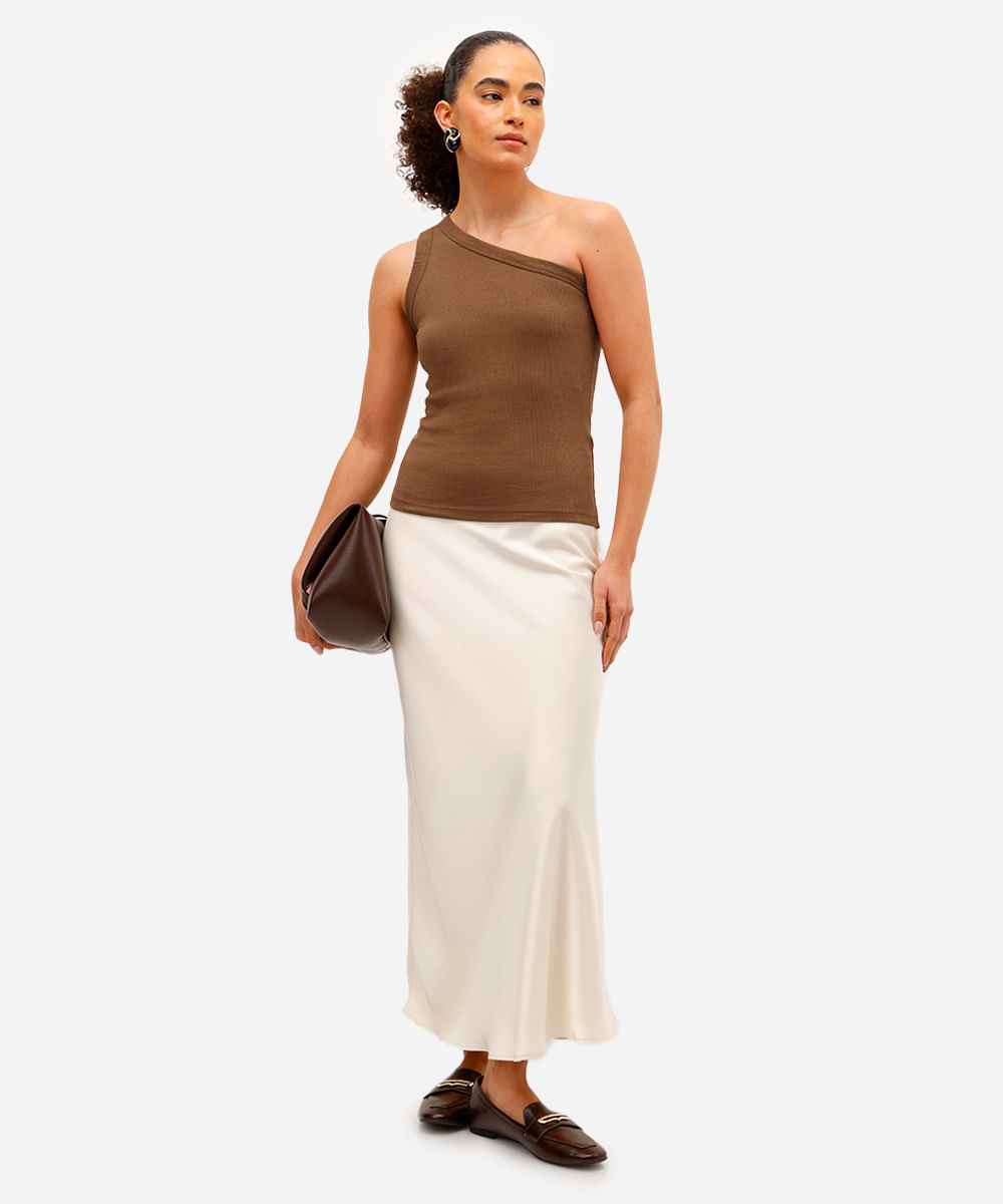 blusa ombro único feminina canelada marrom