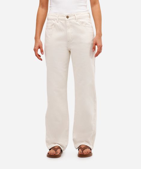 calça reta feminina de sarja cintura alta off white