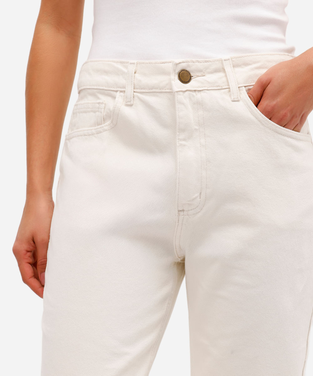 calça reta feminina de sarja cintura alta off white