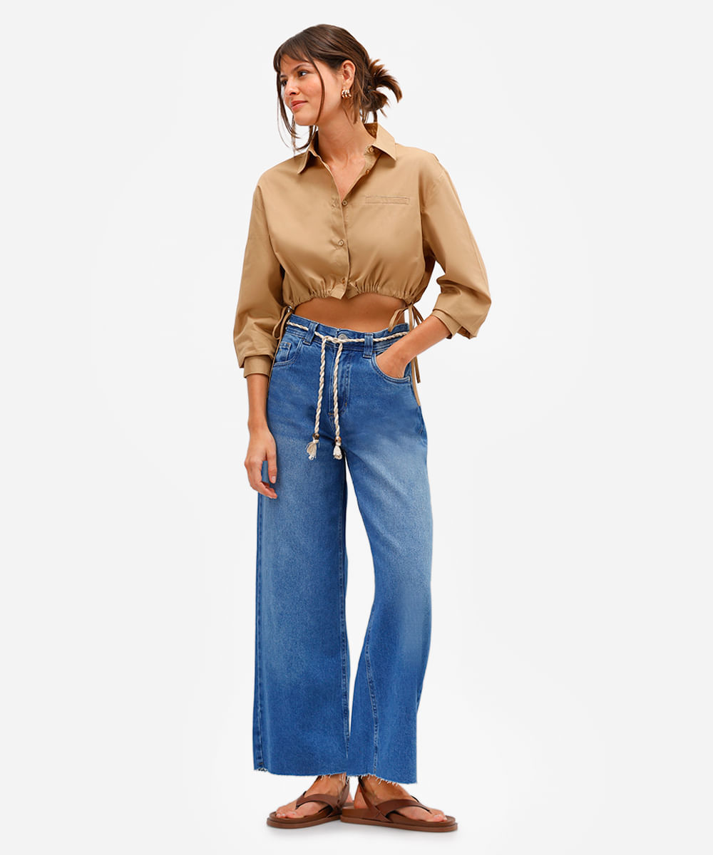 calça wide leg feminina jeans com cordão azul